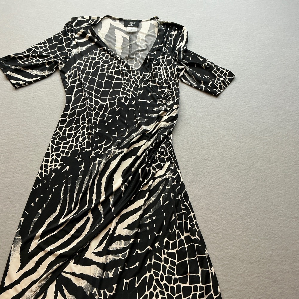 Libra‎ Faux Wrap Dress Animal Print Black White Medium Midi Short Sleeve 17059